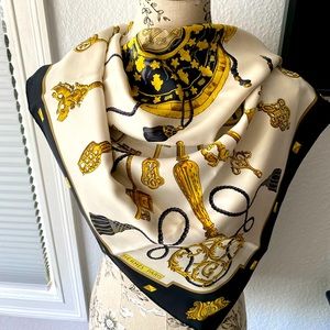 Hermes White, Black, and Gold Key Print Silk Scarf